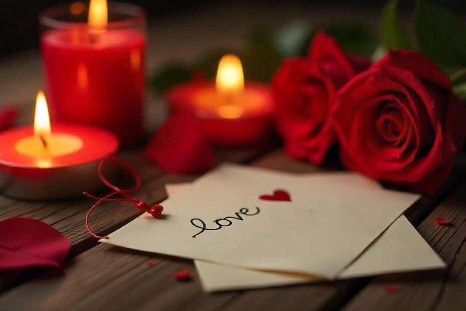 Romantic Valentine Day background with candles, roses, and love notes, perfect for Valentine messages and romantic designs