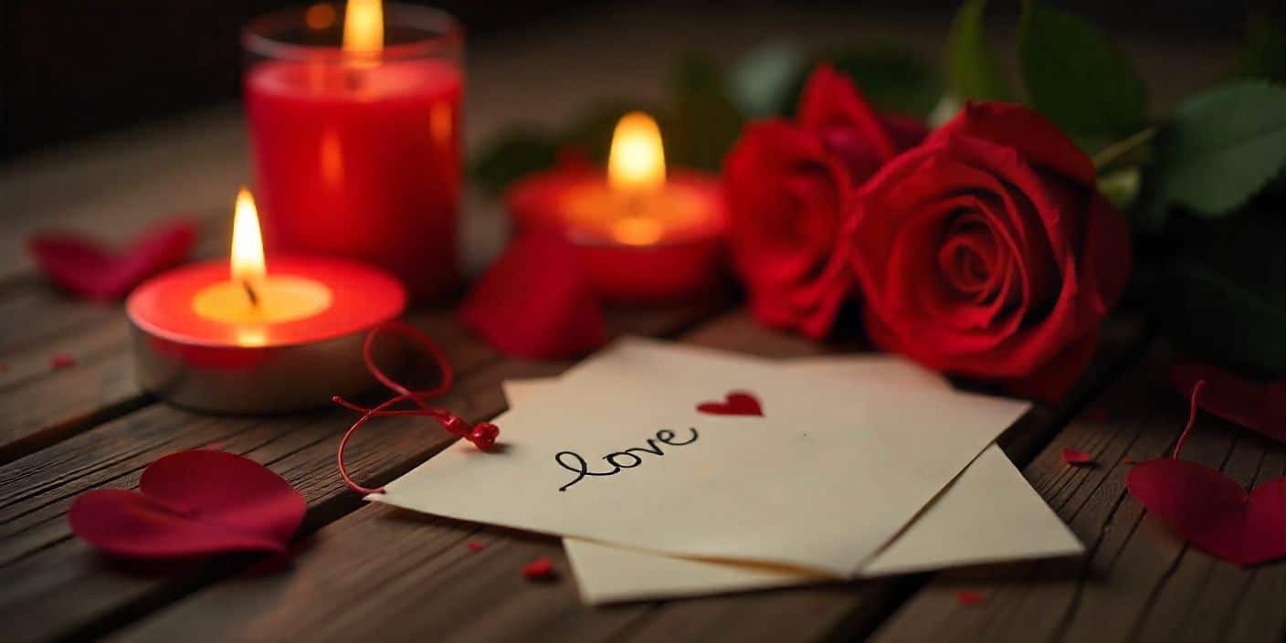 Romantic Valentine Day background with candles, roses, and love notes, perfect for Valentine messages and romantic designs