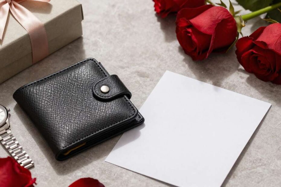 Valentine’s Day image for boyfriend with romantic gifts, roses, and love note in a masculine style