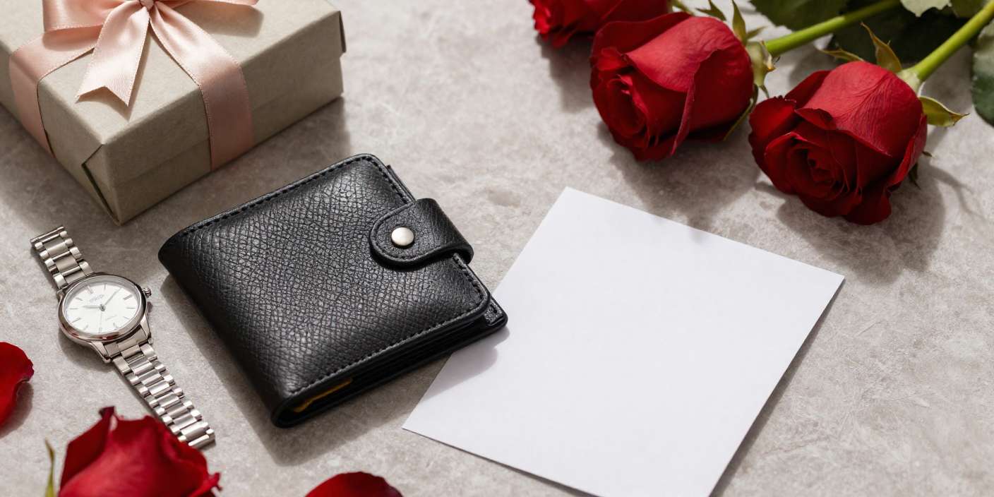 Valentine’s Day image for boyfriend with romantic gifts, roses, and love note in a masculine style
