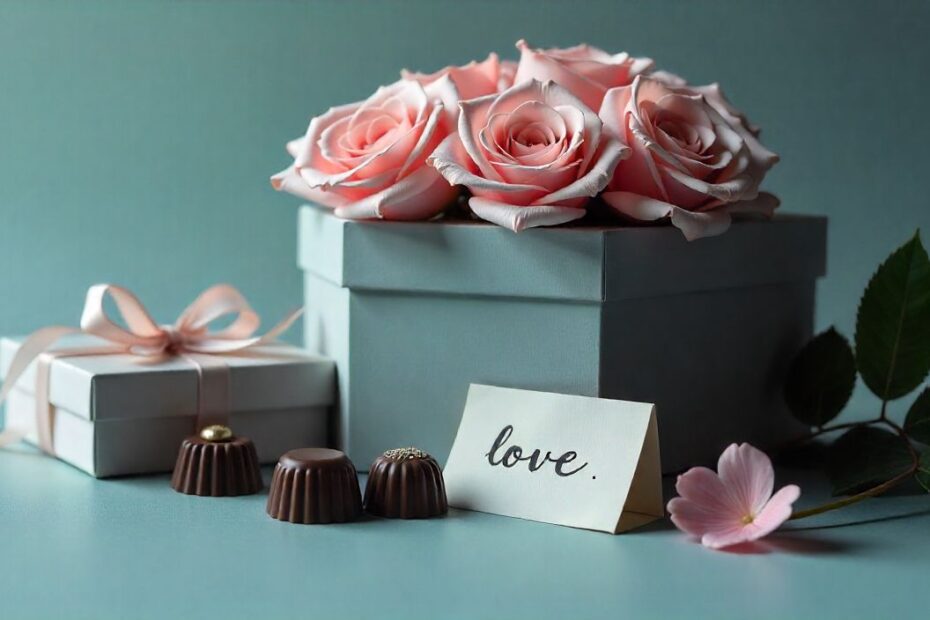 Valentine’s Day message image with gifts, roses, and love card for girlfriend, romantic and heartfelt visual