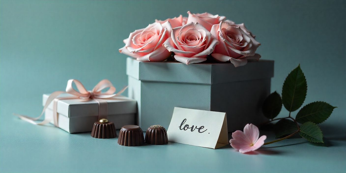 Valentine’s Day message image with gifts, roses, and love card for girlfriend, romantic and heartfelt visual