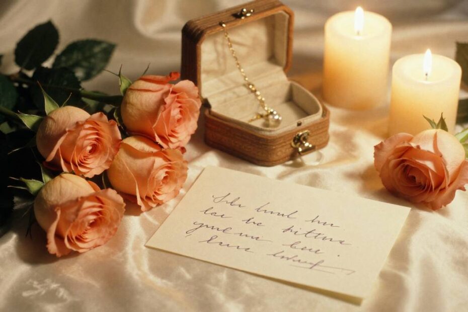 Elegant Valentine’s Day image with roses, jewelry, and love letter for wife messages