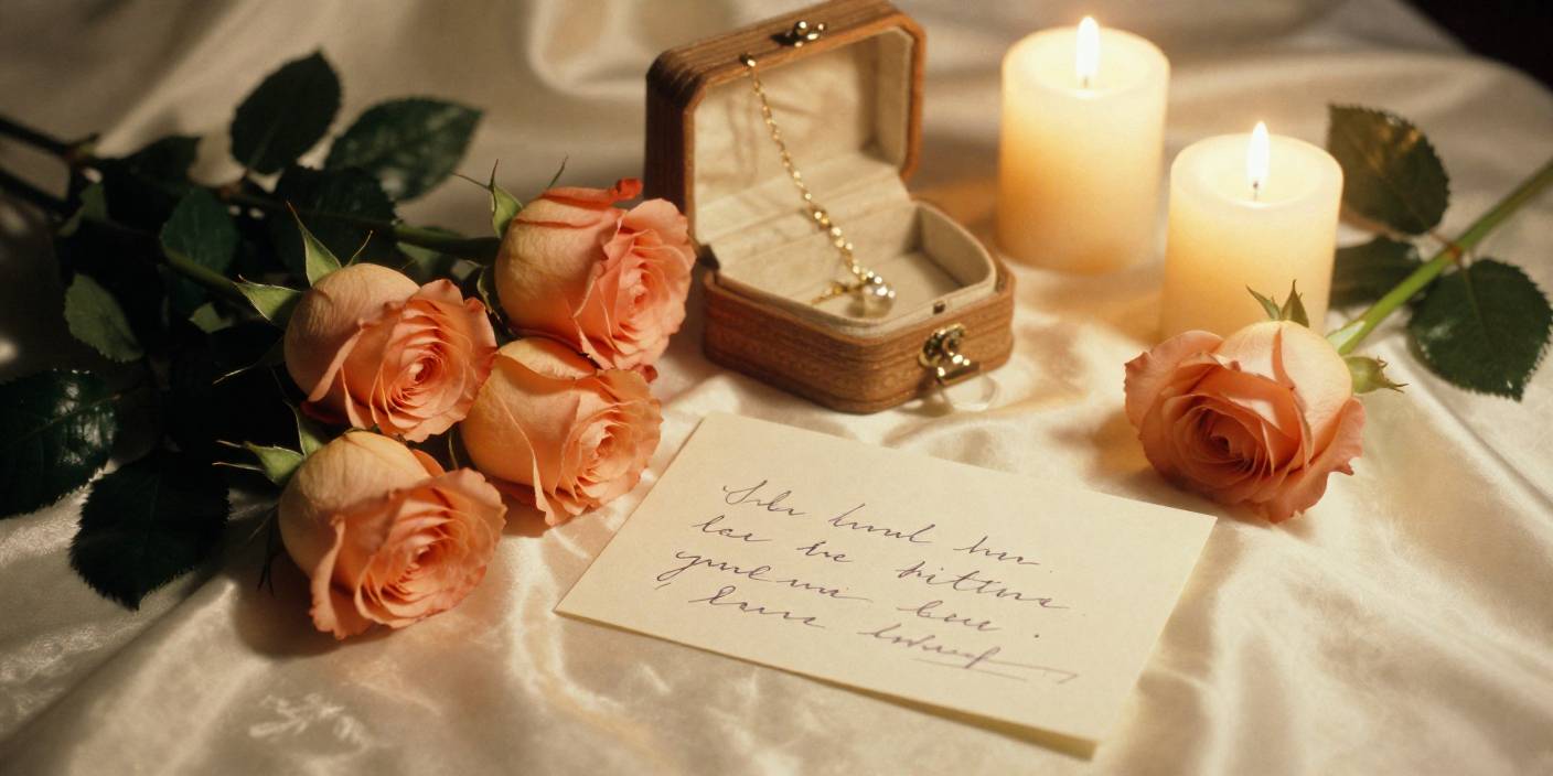 Elegant Valentine’s Day image with roses, jewelry, and love letter for wife messages