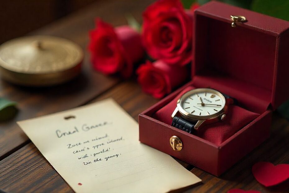 Valentine’s Day image for husband with romantic gifts, watch, roses, and love message background