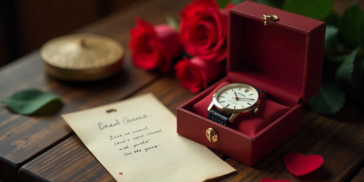 Valentine’s Day image for husband with romantic gifts, watch, roses, and love message background