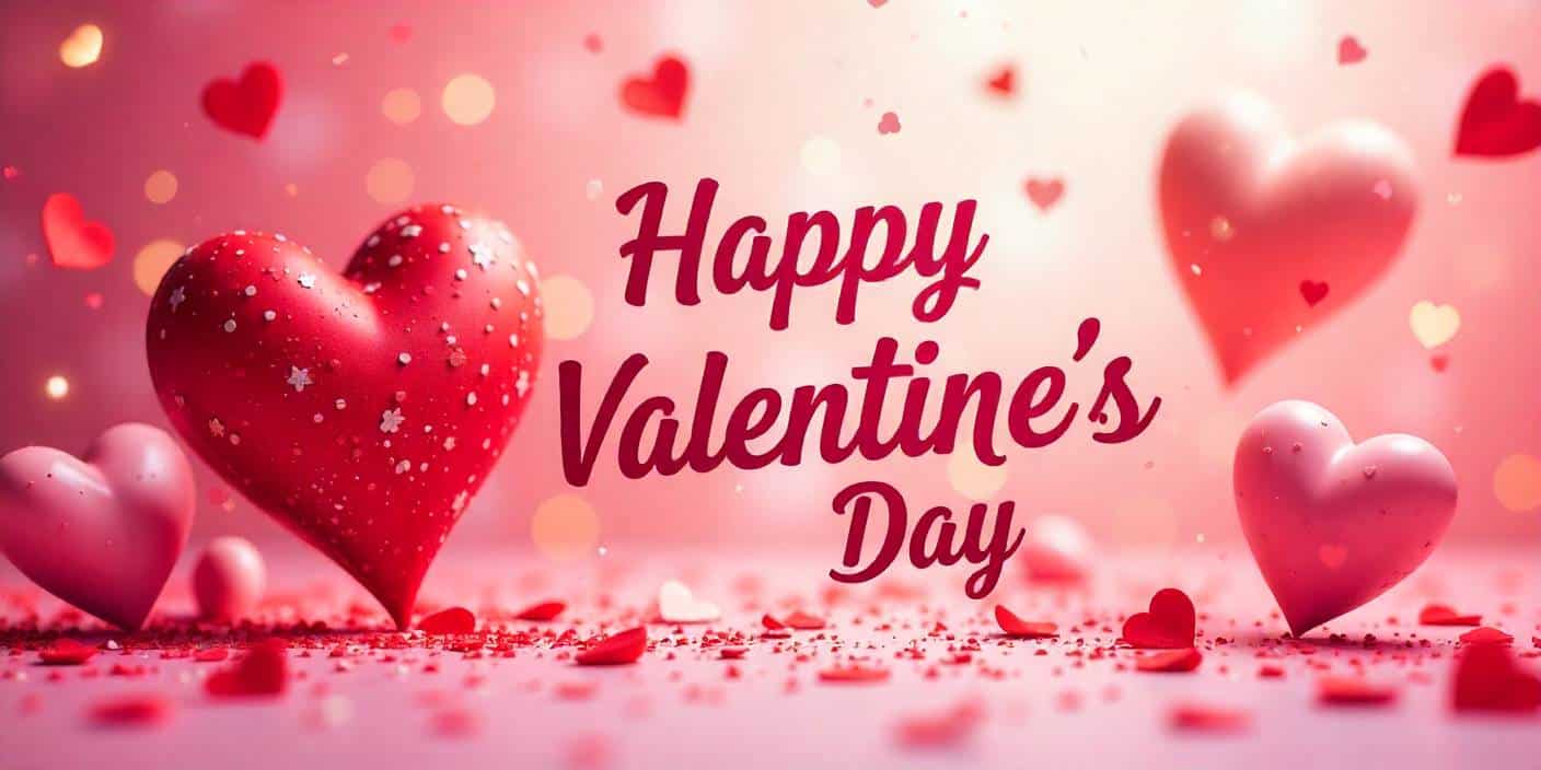 Happy Valentine’s Day celebration image featuring colorful hearts, sparkles, and festive typography.
