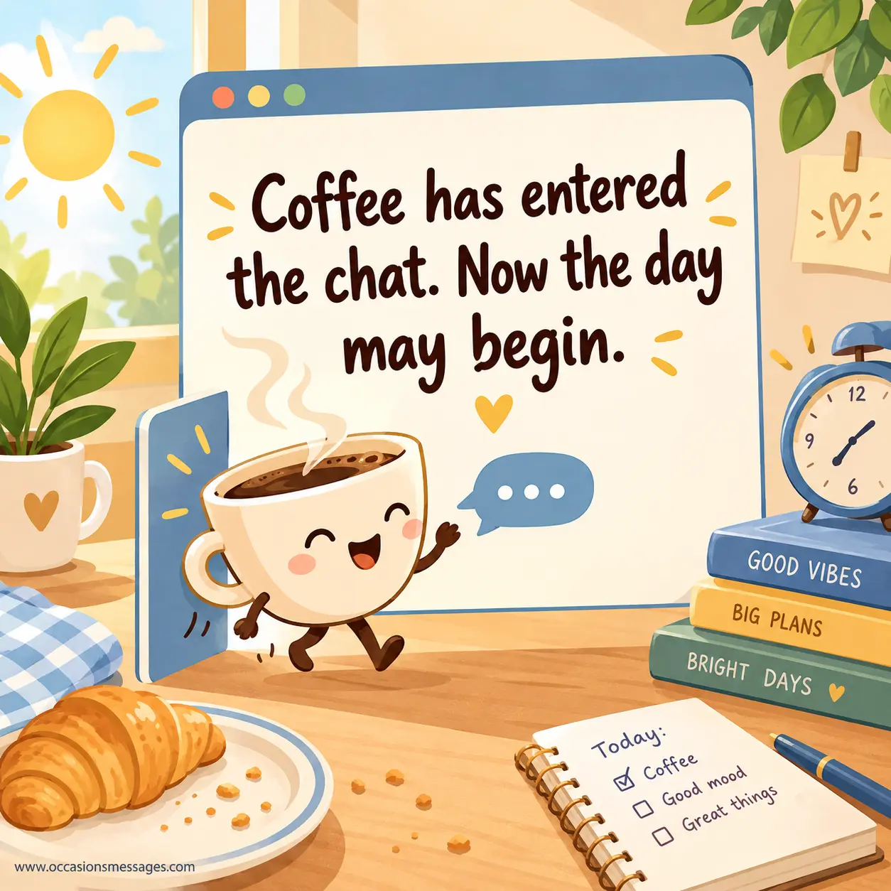 Fun flat illustration of a steaming coffee cup appearing in a chat window, symbolizing coffee as the official start of the day.