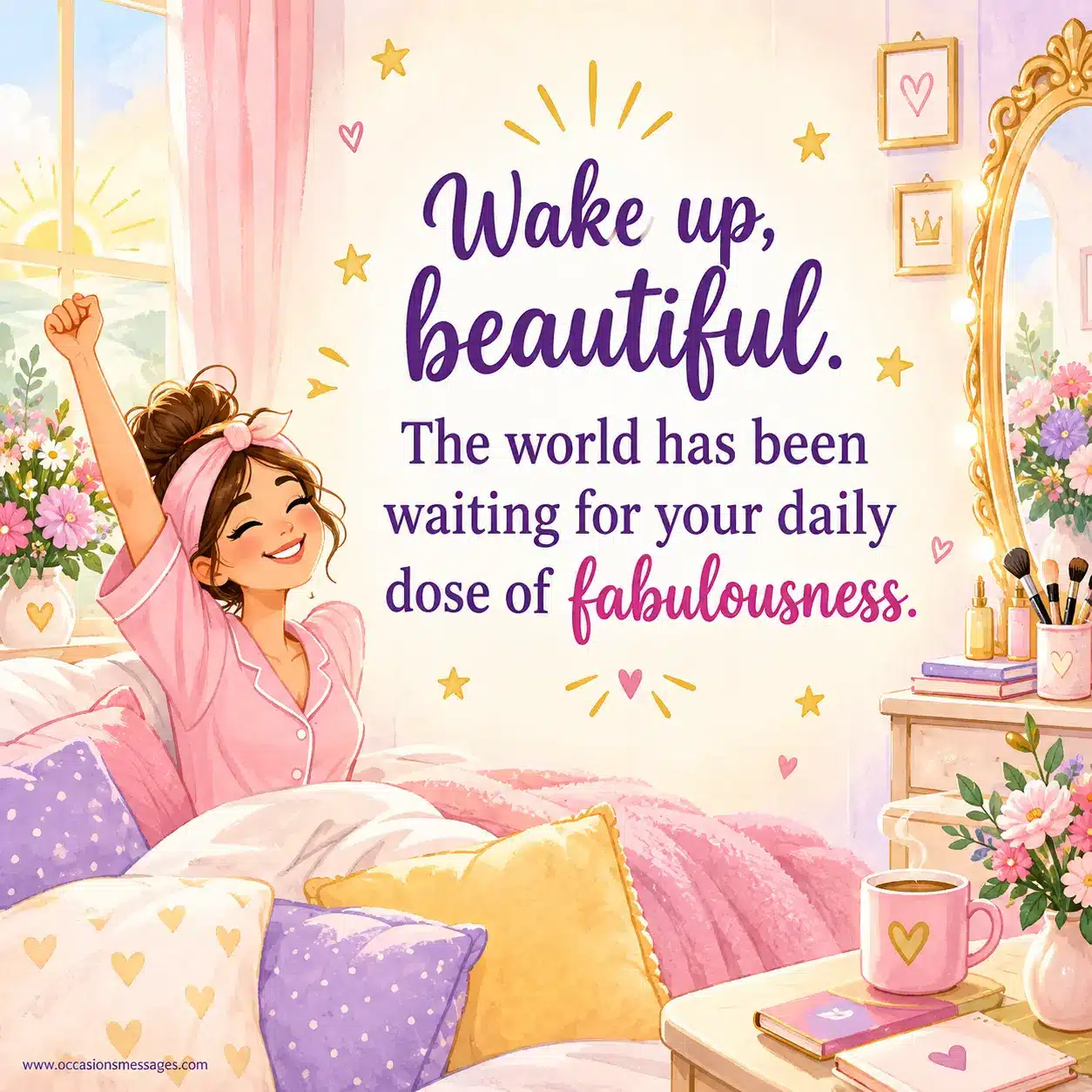 Playful pastel bedroom illustration of a beautiful woman waking up surrounded by flowers and sunshine, expressing a fabulous and confident morning mood.