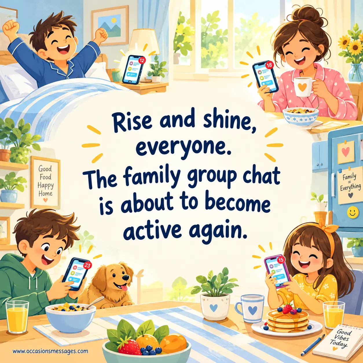 Colorful cartoon family morning scene with phones and lively chat notifications, capturing the fun of an active family group conversation.