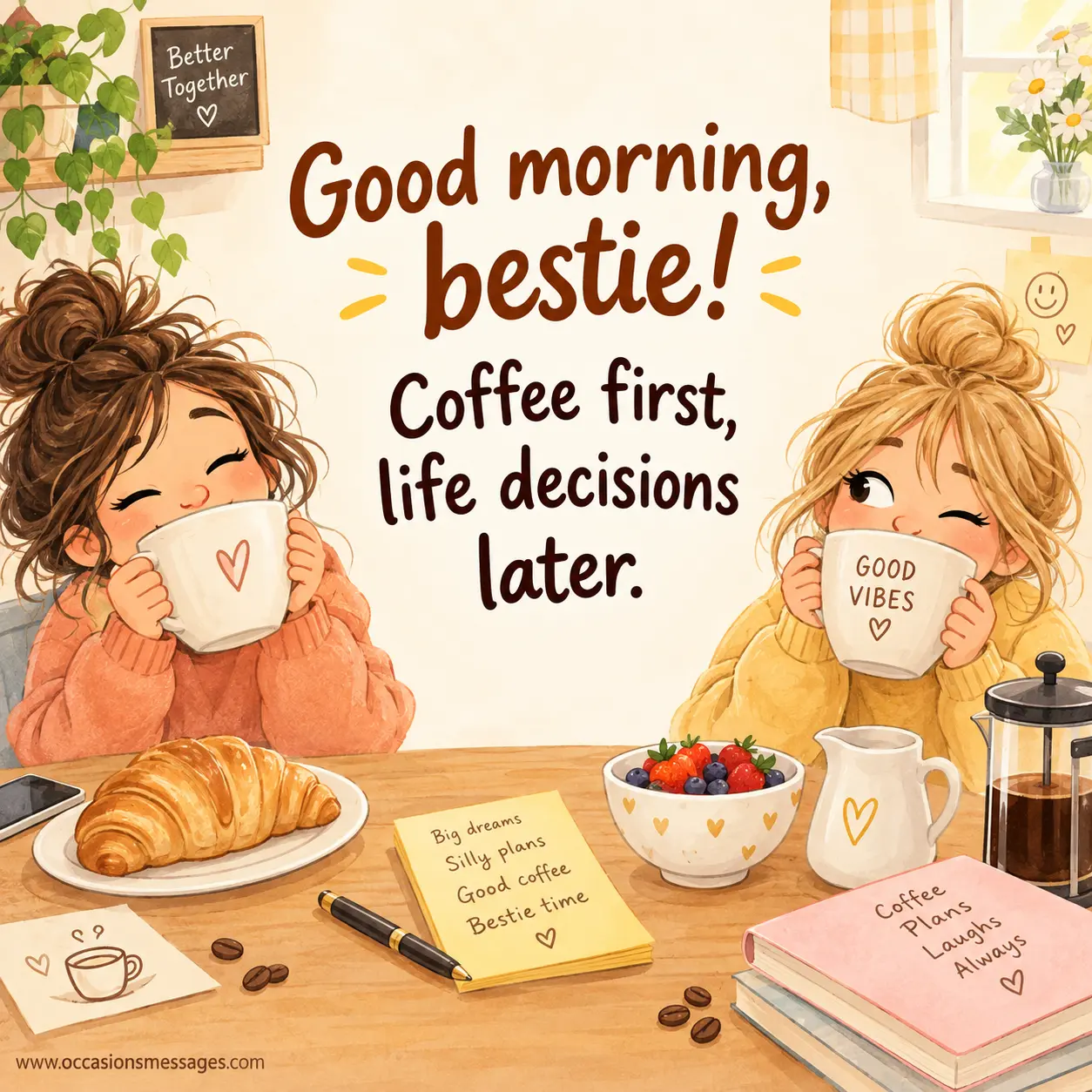 Cheerful illustrated best friends enjoying morning coffee together with a humorous message about coffee coming before life decisions.