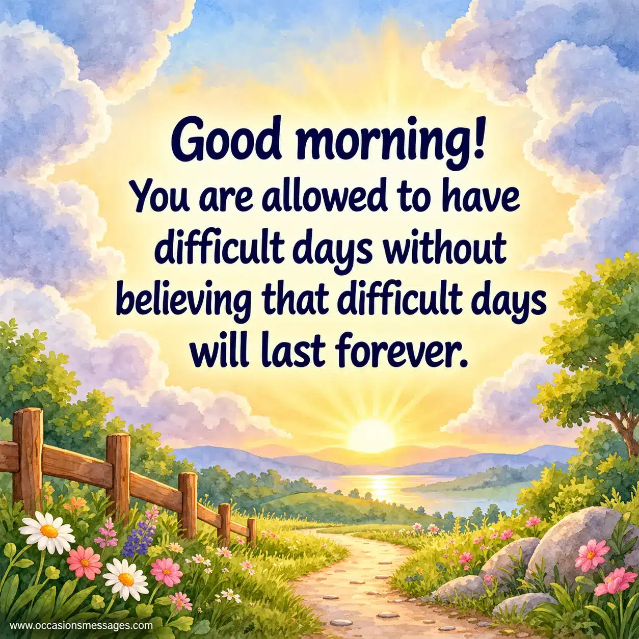Hopeful good morning watercolor scene showing clouds opening to sunlight over a peaceful path, representing resilience through difficult days and lasting hope.