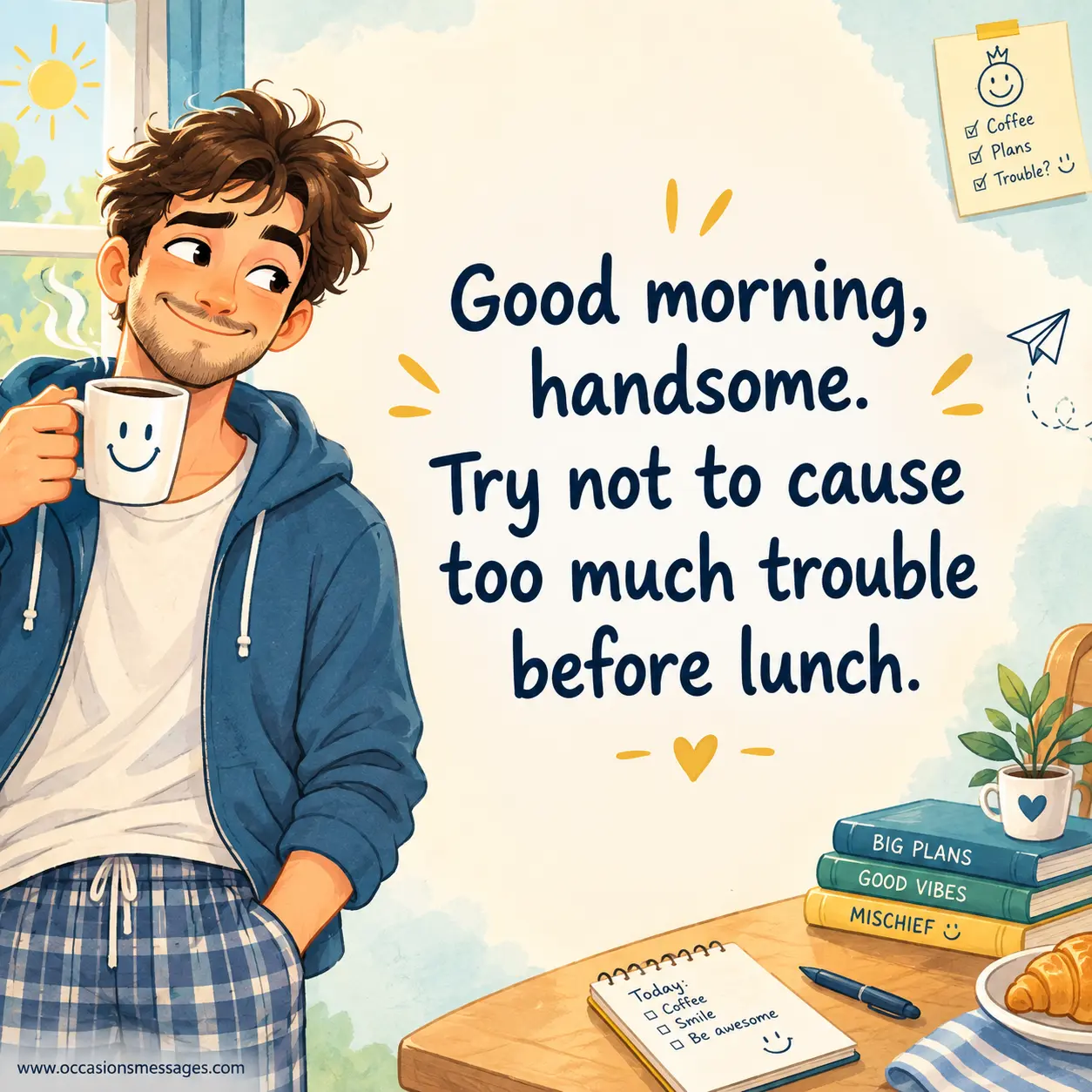 Whimsical illustrated handsome man enjoying his morning coffee with playful details suggesting harmless trouble before lunchtime.