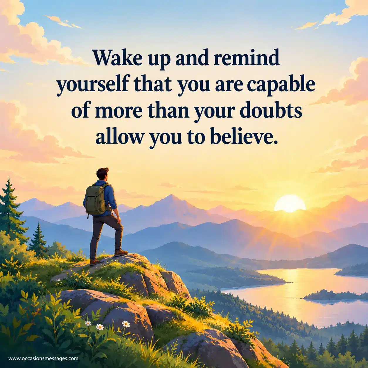 Inspirational good morning illustration with a peaceful sunrise, winding path, warm light, and uplifting scenery symbolizing confidence and overcoming self-doubt.