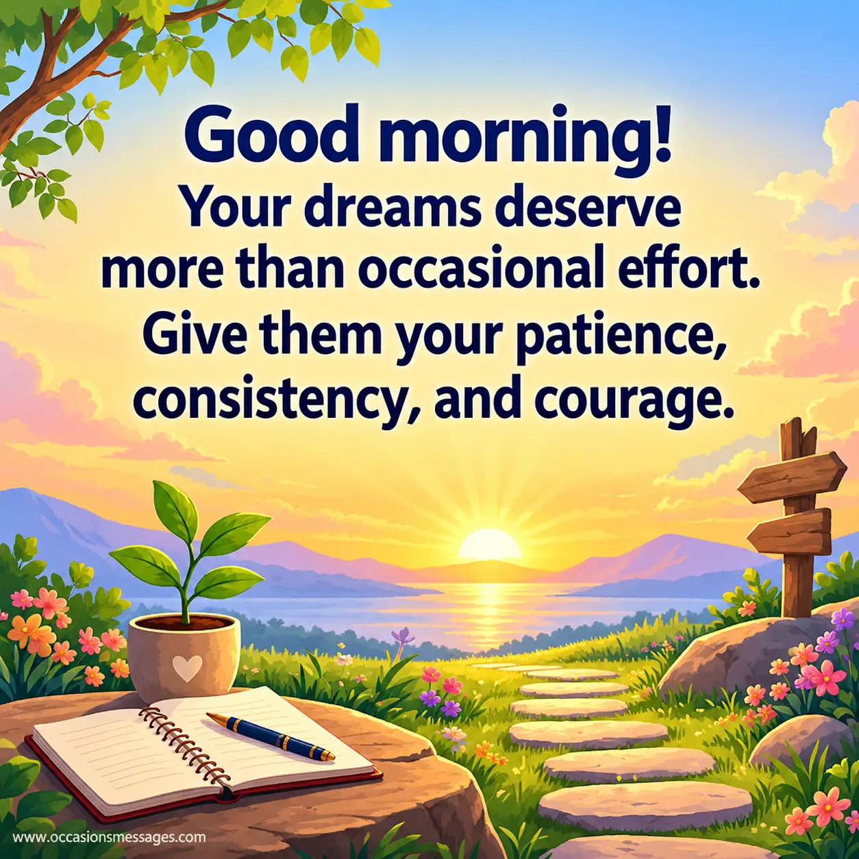 Inspirational morning illustration featuring a sunrise, growing plant, journal, stepping stones, and glowing horizon symbolizing patience, consistency, courage, and pursuing dreams.