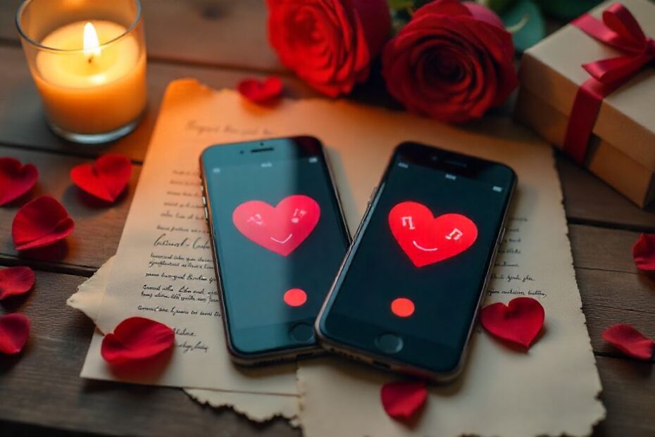 Long distance Valentine’s Day with love letter, rose petals, and candle.