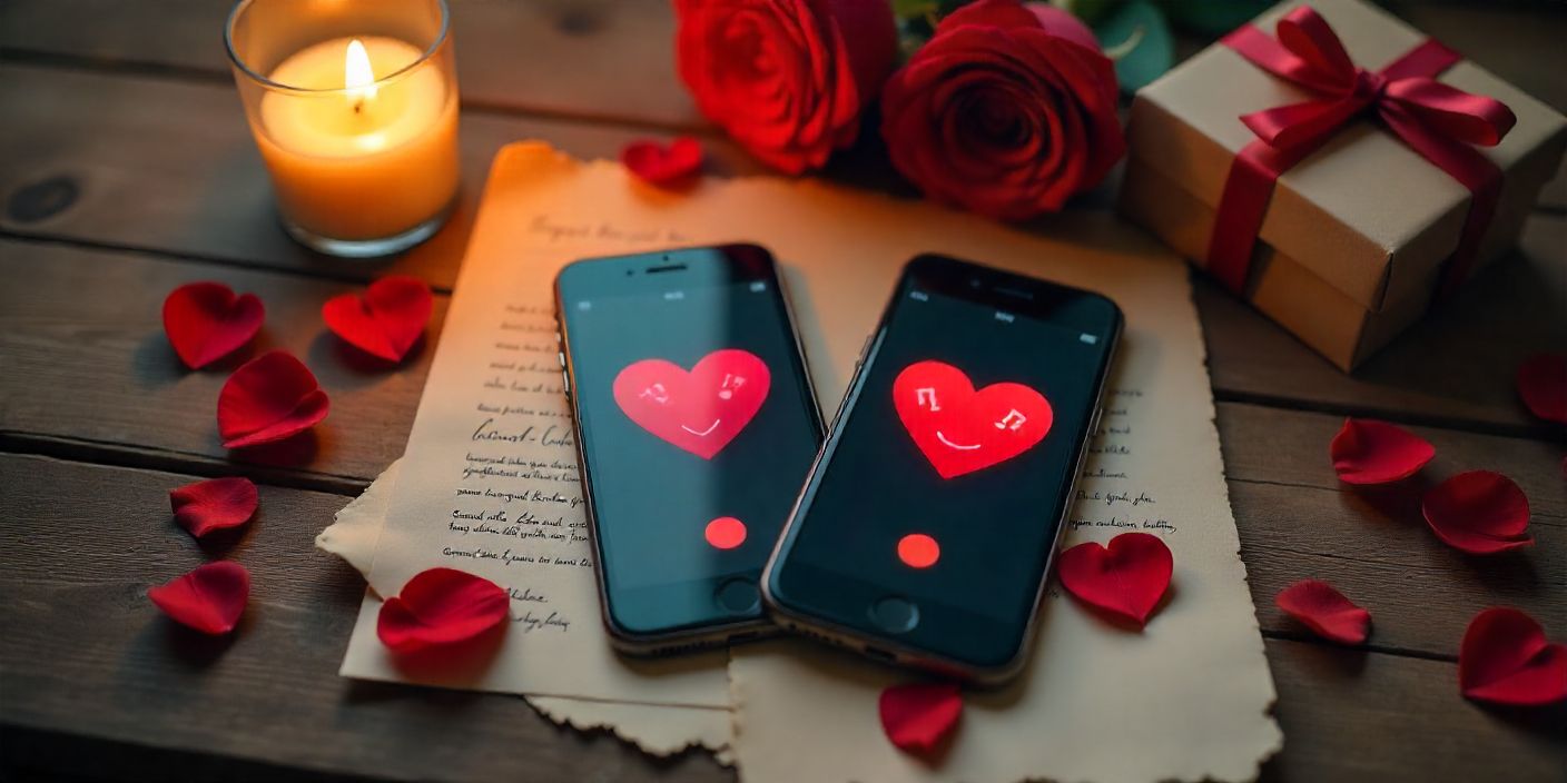 Long distance Valentine’s Day with love letter, rose petals, and candle.