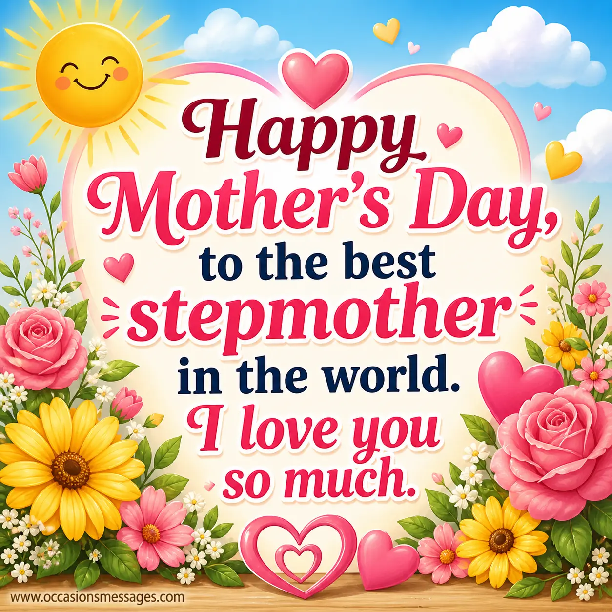 Cartoon-style Mother’s Day appreciation image with sunshine, hearts, and cheerful floral design celebrating love and gratitude for the best stepmother in the world.