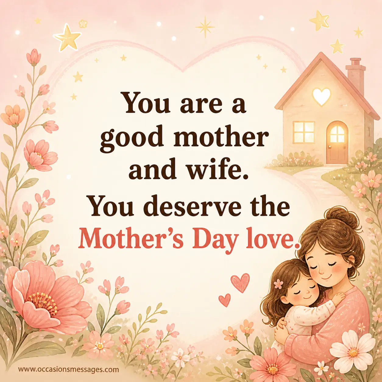 Pastel illustrated Mother’s Day greeting card scene with blooming flowers and cozy home symbolism, highlighting appreciation for a loving mother and devoted wife.