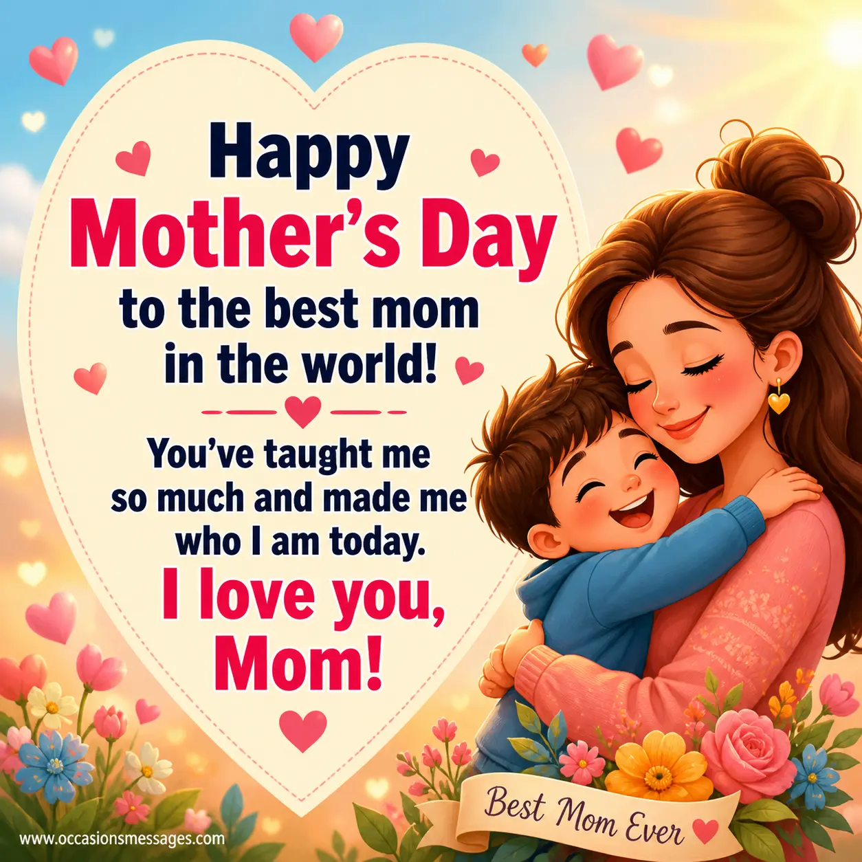 A cheerful cartoon illustration of a mother and son sharing love, featuring a heartfelt Mother’s Day quote expressing gratitude and appreciation. 