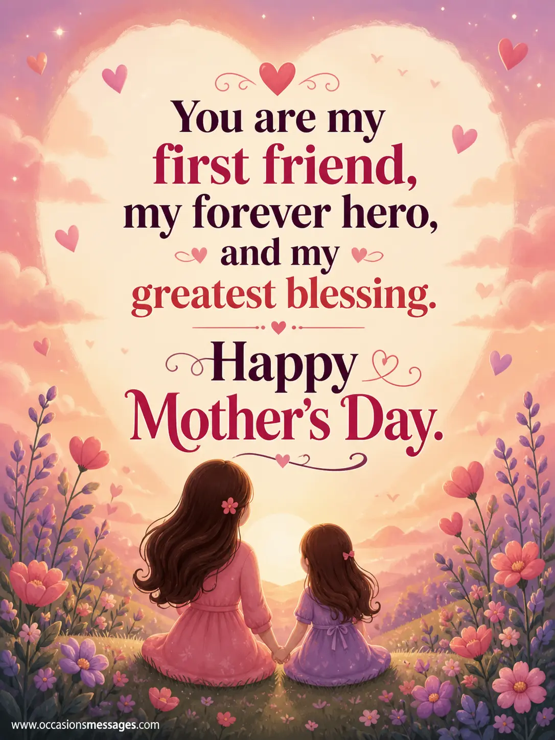 A soft pastel illustration of a mother and daughter holding hands under a glowing heart sky, representing love and lifelong connection with a heartfelt Mother’s Day quote about being a first friend and forever hero.