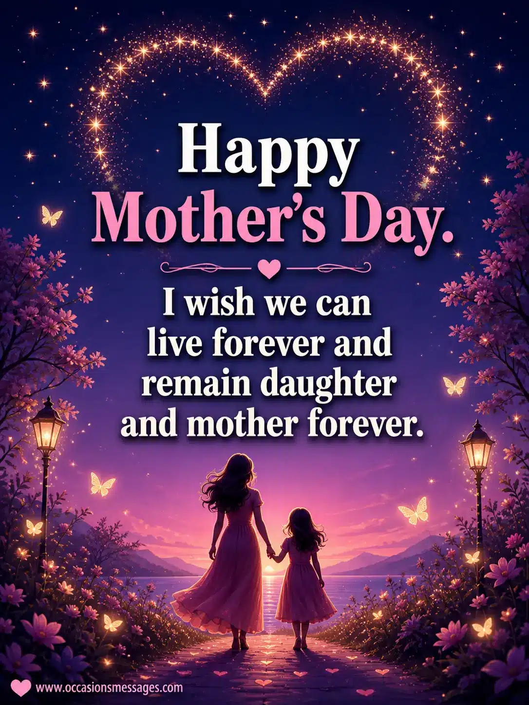 A dreamy whimsical illustration of a mother and daughter under a star-filled sky forming a heart, symbolizing eternal bond and love expressed in a touching Mother’s Day quote.