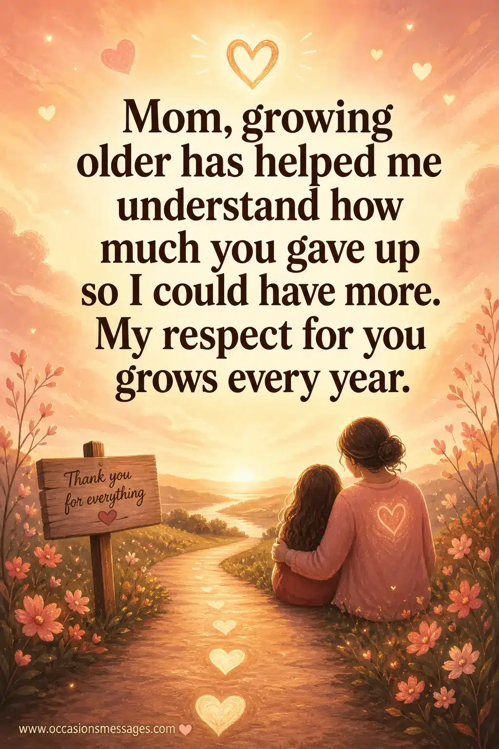 A warm digital painting showing a symbolic life journey, reflecting a deep message of respect and appreciation for a mother’s sacrifices. 