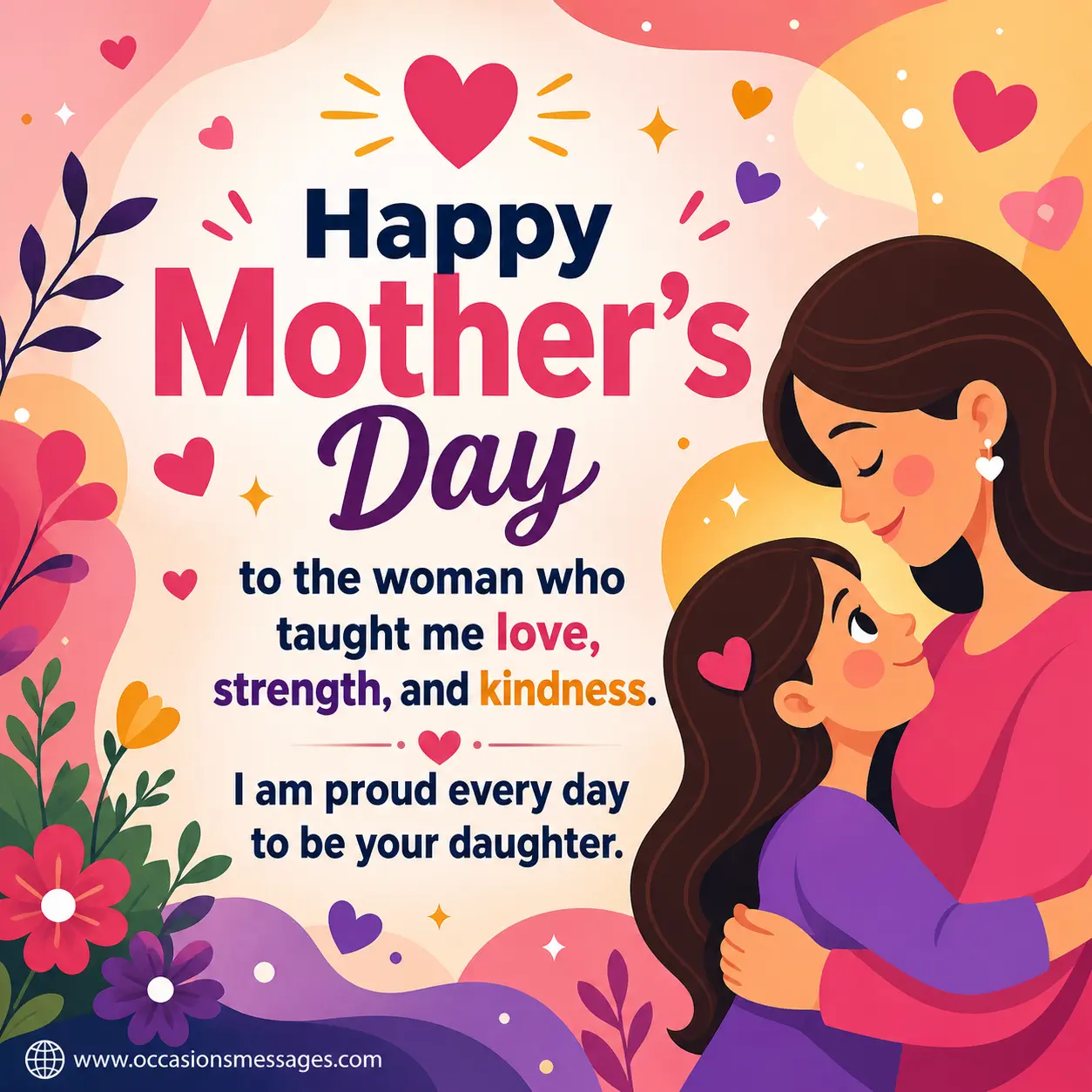 A colorful flat vector illustration of a daughter admiring her mother, symbolizing pride, love, and gratitude for lessons in strength and kindness in a Mother’s Day message.