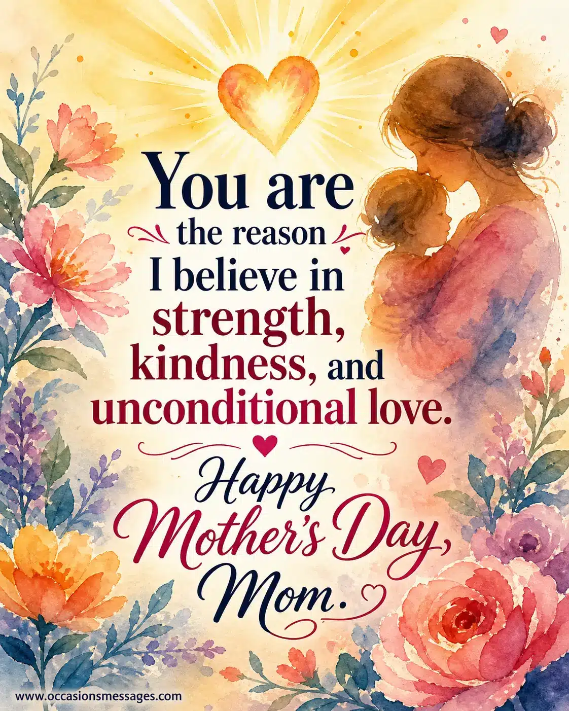 A gentle watercolor illustration with flowers and glowing light symbolizing unconditional love and inspiration, paired with a meaningful Mother’s Day message about strength and kindness.