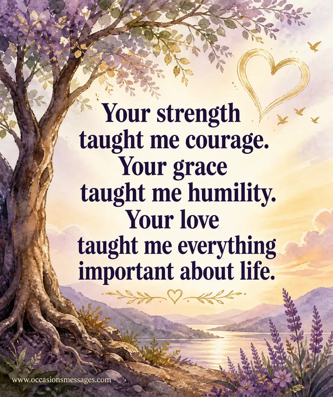 A soft watercolor-style artwork with symbolic elements of strength and grace, highlighting a meaningful quote about a mother’s influence on life values. 