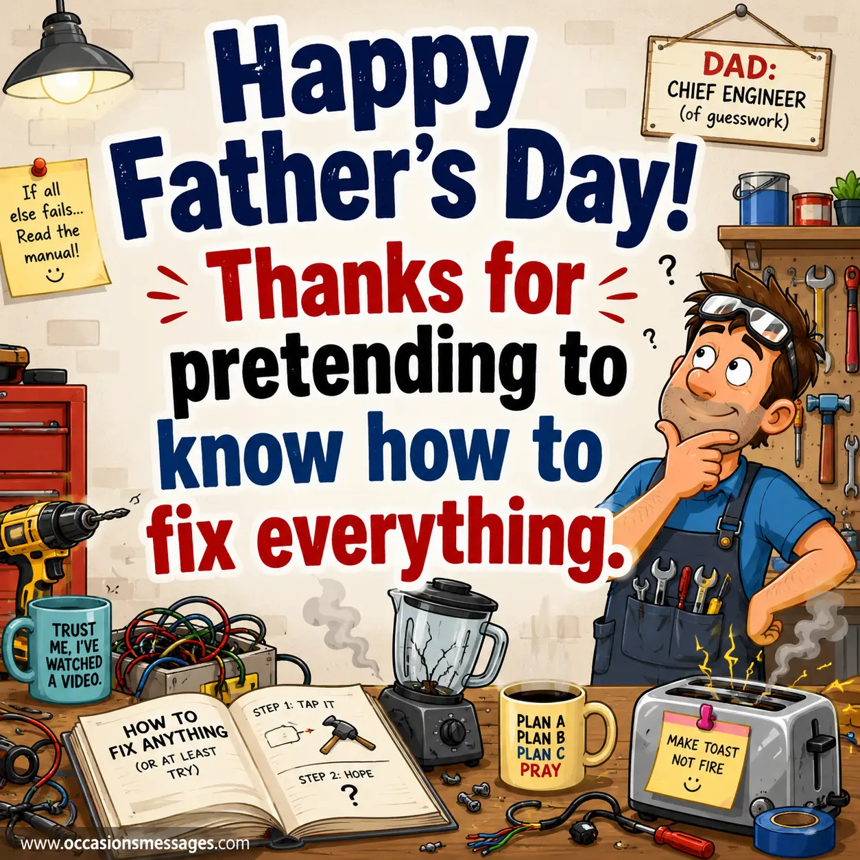 Humorous vector illustration of a dad pretending to fix household problems surrounded by tools and funny workshop chaos for Father's Day.