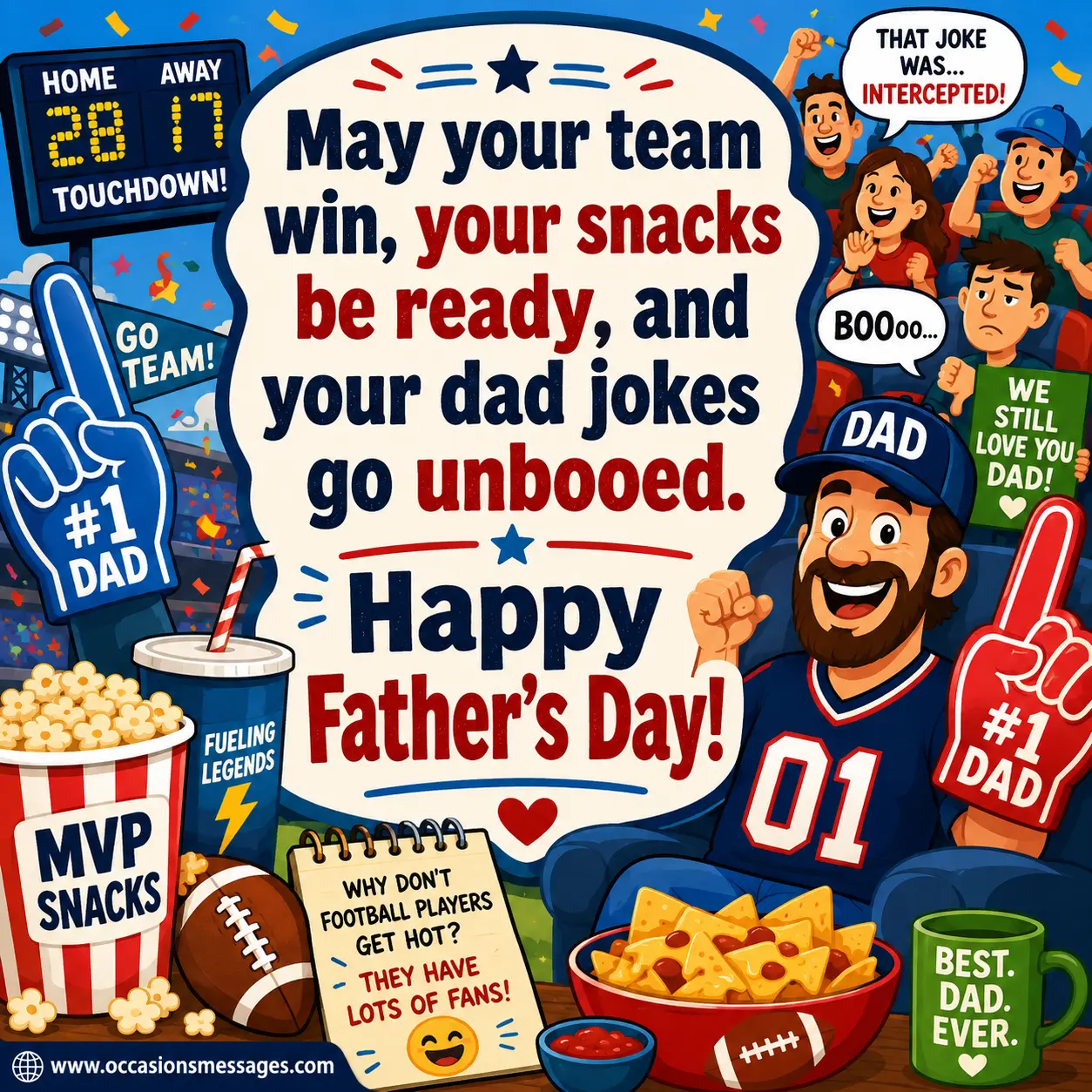 Colorful sports-themed Father's Day quote image featuring snacks, cheering fans, and classic dad jokes in a festive cartoon scene.