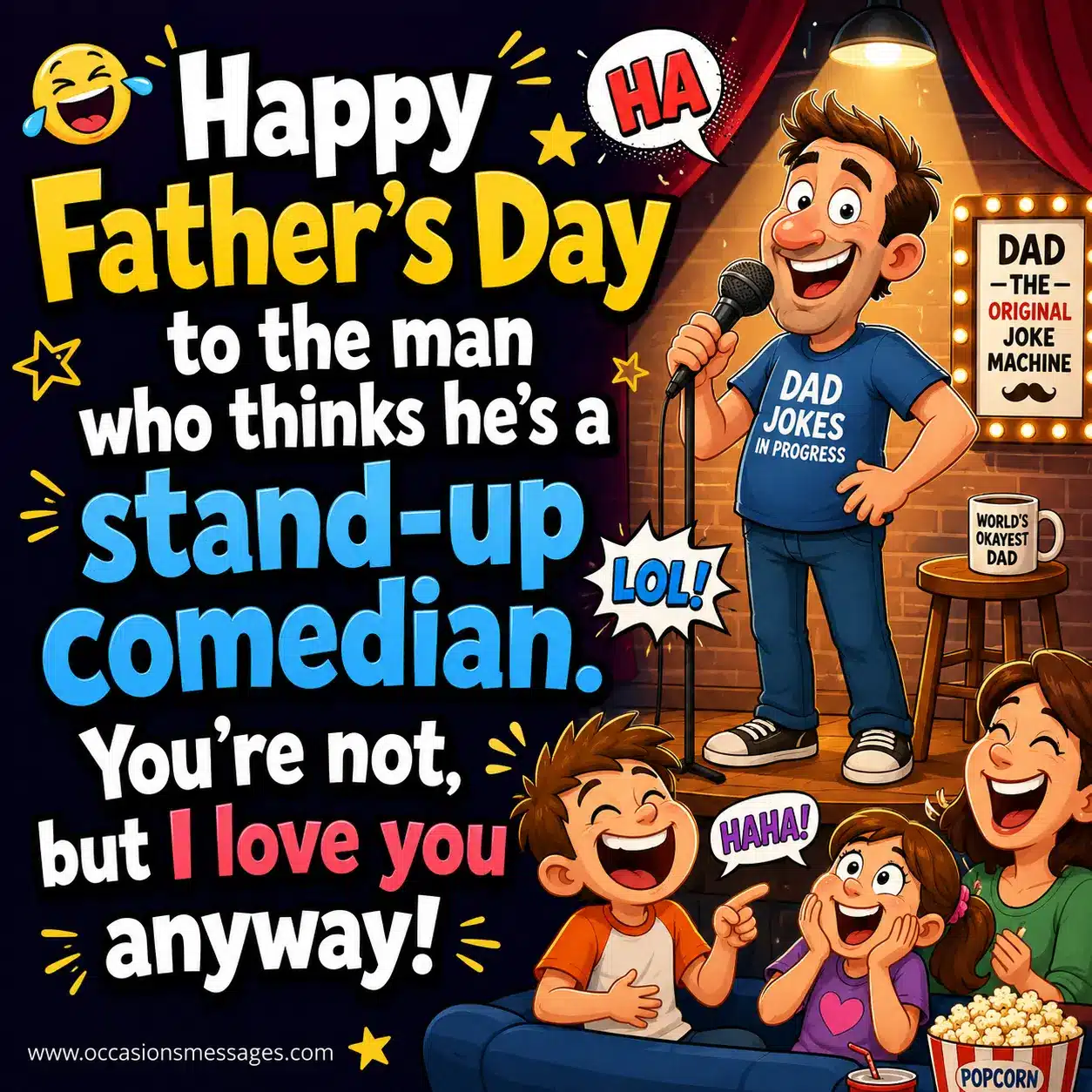 Funny Father's Day cartoon illustration of a dad acting like a stand-up comedian with playful family humor and a humorous quote about bad dad jokes.