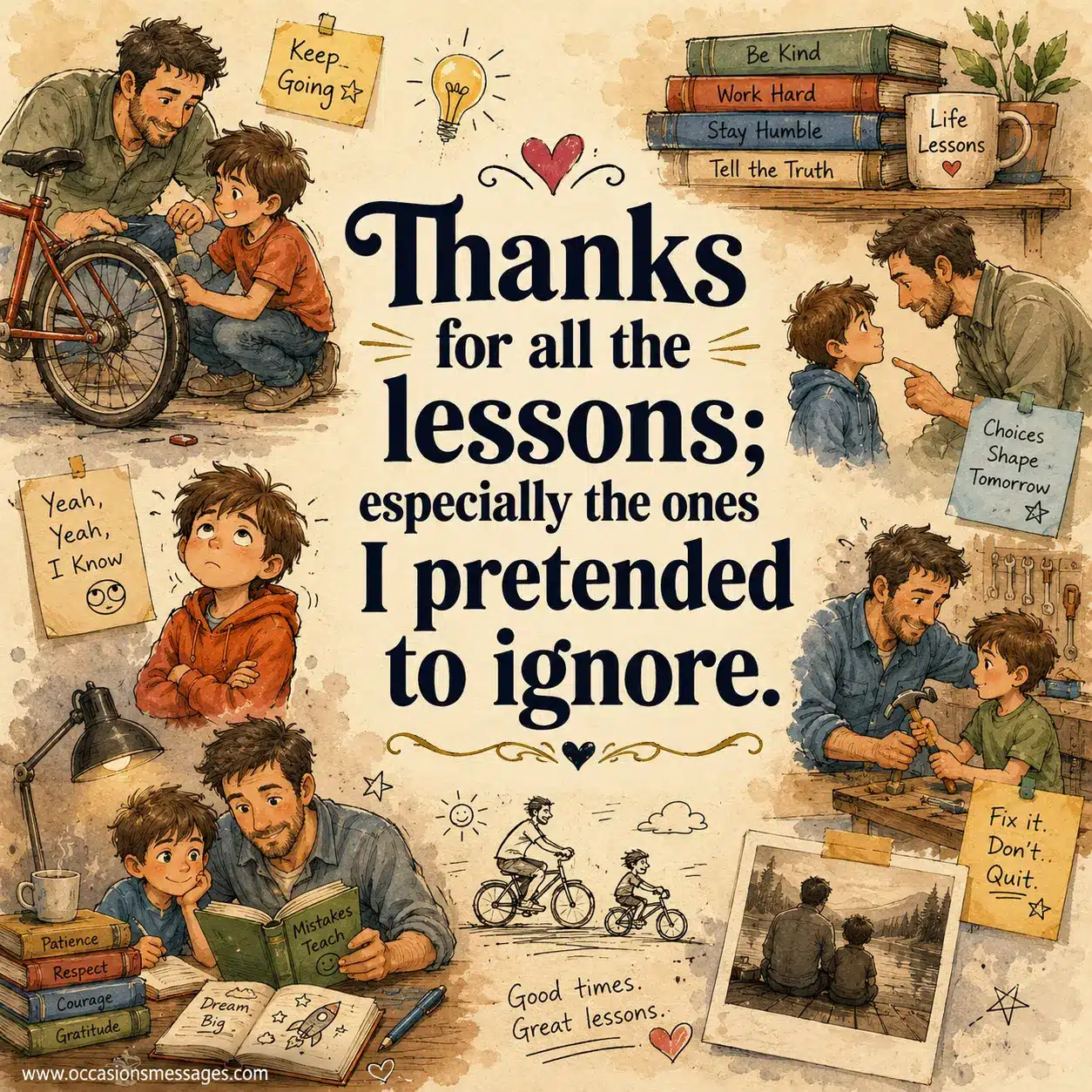 Heartwarming watercolor-style Father's Day illustration about appreciating dad's life lessons with nostalgic family memories and playful humor.