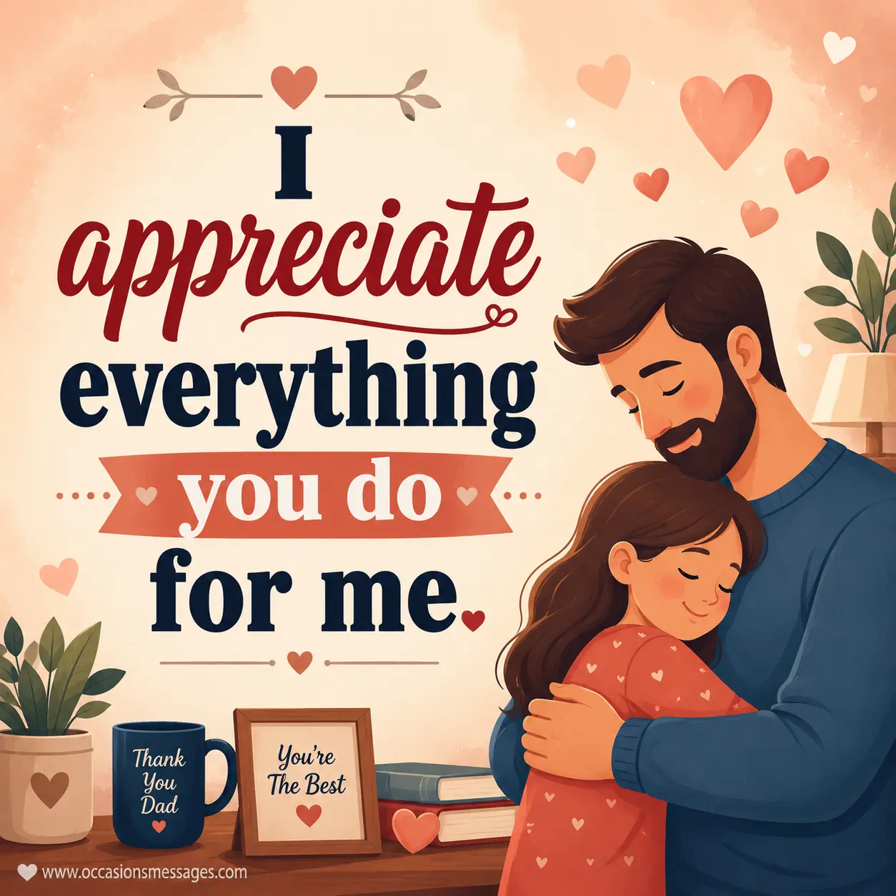 2. Warm pastel flat-design appreciation quote artwork expressing gratitude for a dad's endless care and support in a calm emotional setting.