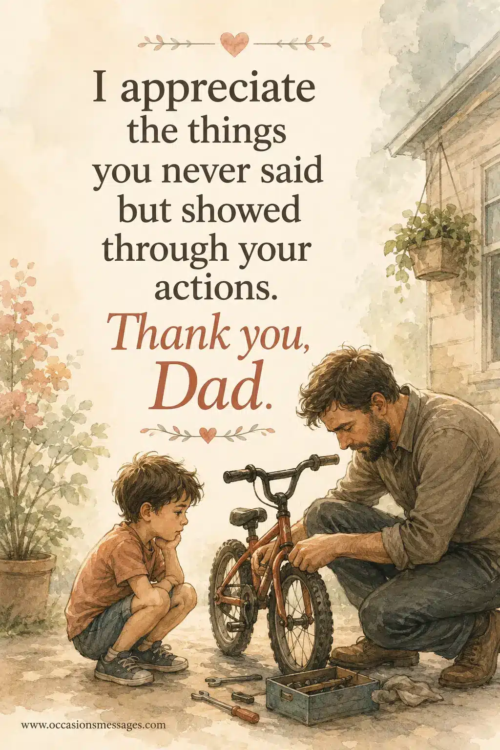 5. Artistic watercolor-style illustration showing a father expressing love through actions rather than words with an emotional thank you message.