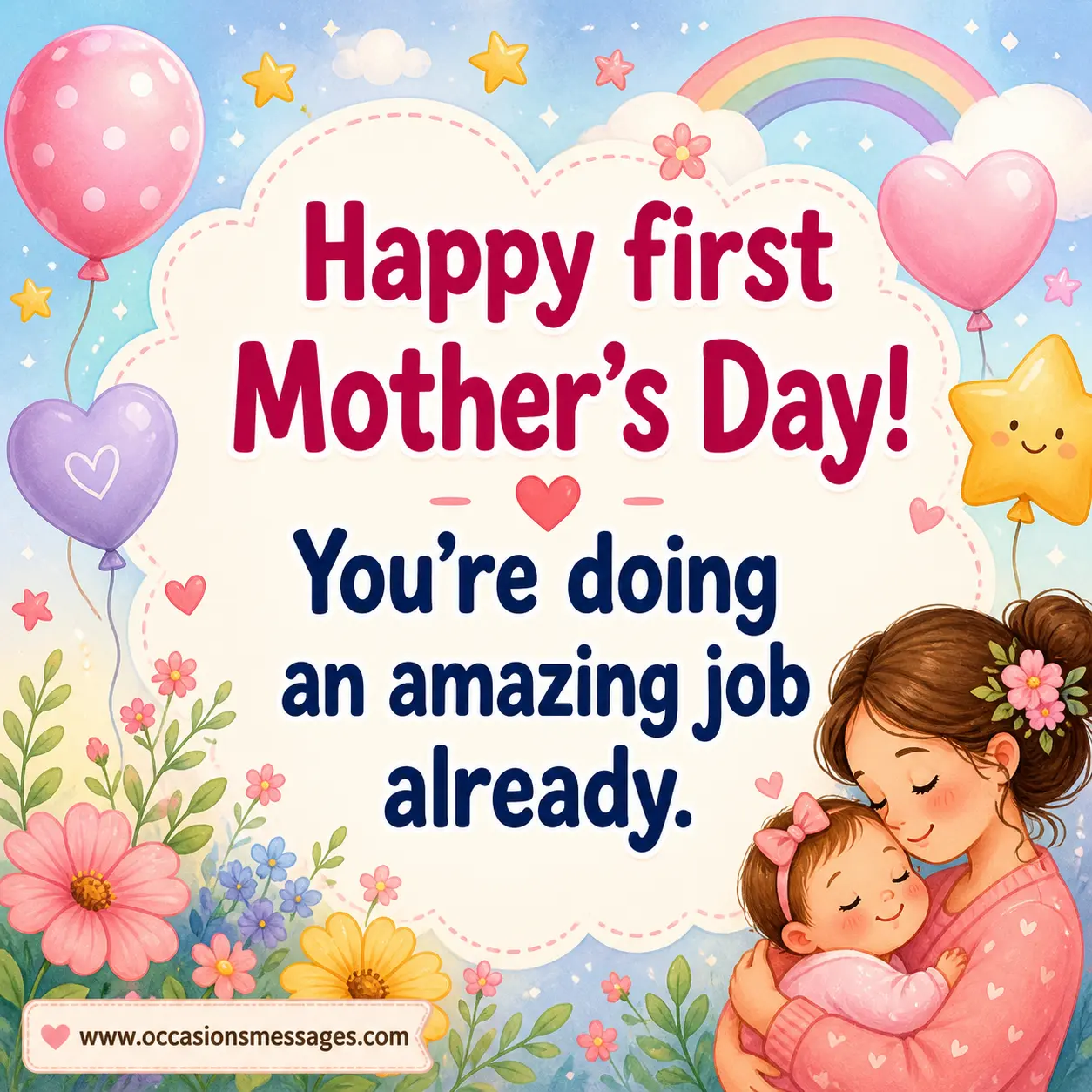 A whimsical pastel celebration illustration for a first Mother’s Day, featuring stars and joyful elements around a heartfelt congratulatory message.