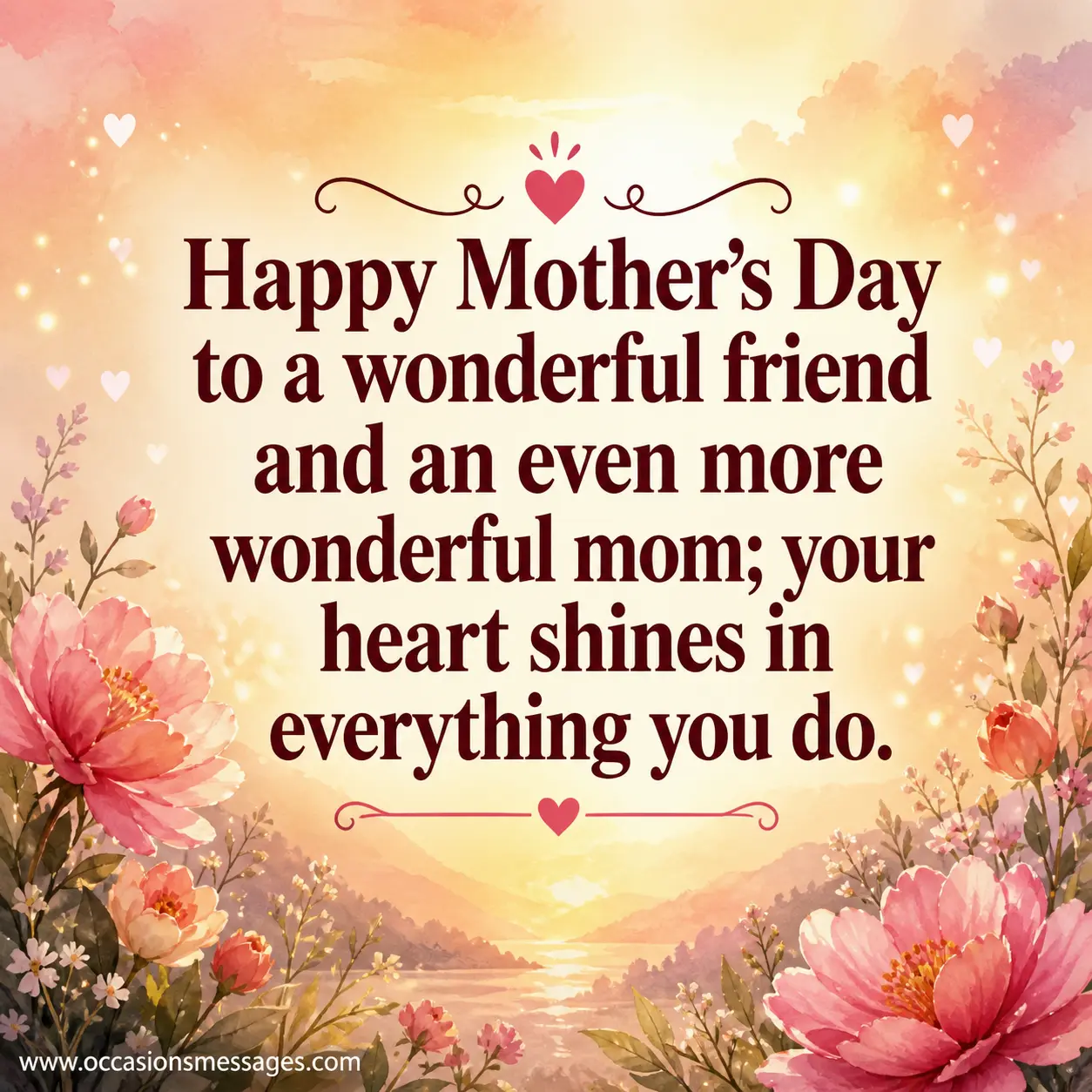A watercolor floral Mother’s Day quote design expressing gratitude to a wonderful friend and mom, with uplifting warm tones and inspirational message typography.