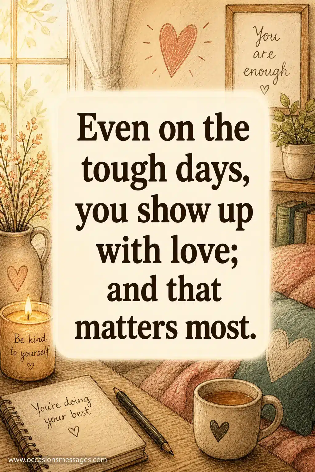 A soft sketch-style emotional design showing resilience and care, highlighting a motivational Mother’s Day quote about showing love during hard times.