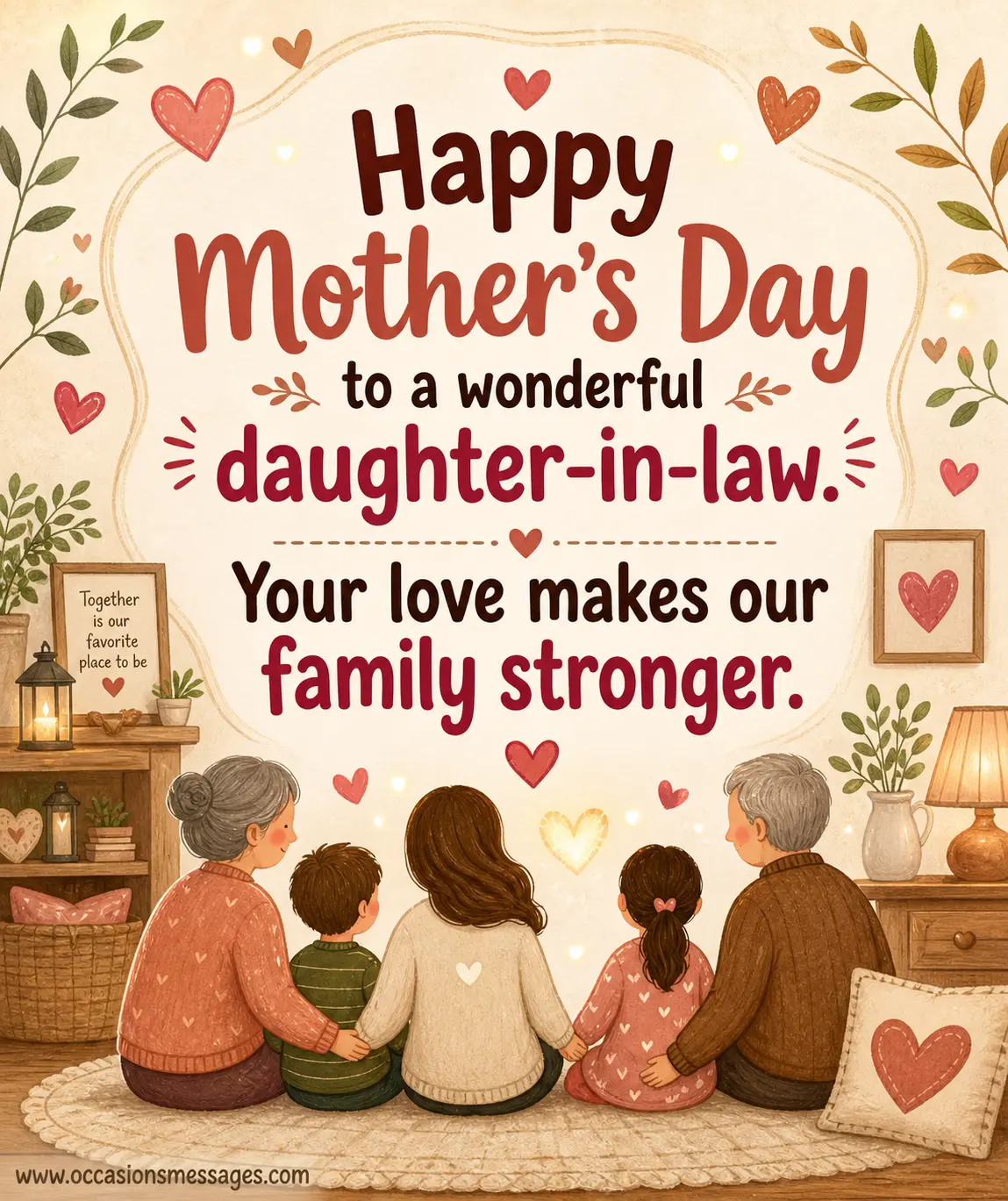 A warm illustrated family scene highlighting togetherness and appreciation for a daughter-in-law with a loving Mother’s Day message about strengthening family bonds.