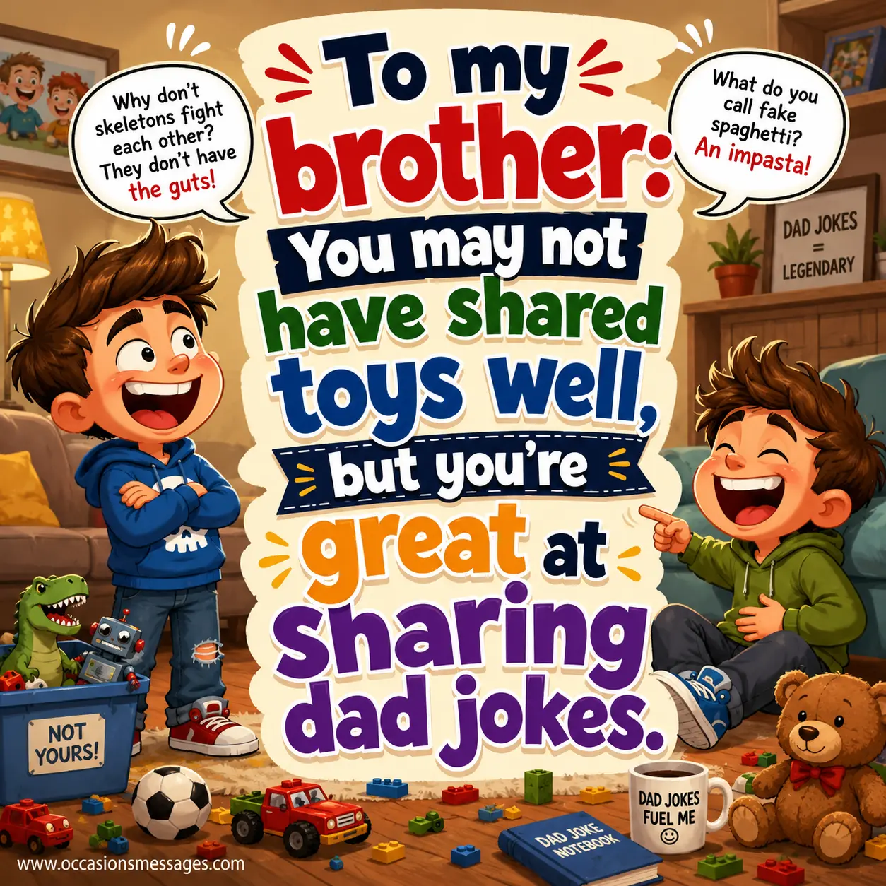 ALT 3: Funny illustrated Father's Day quote design showing brothers sharing dad jokes in a playful family room scene with humorous cartoon expressions and cheerful family energy.