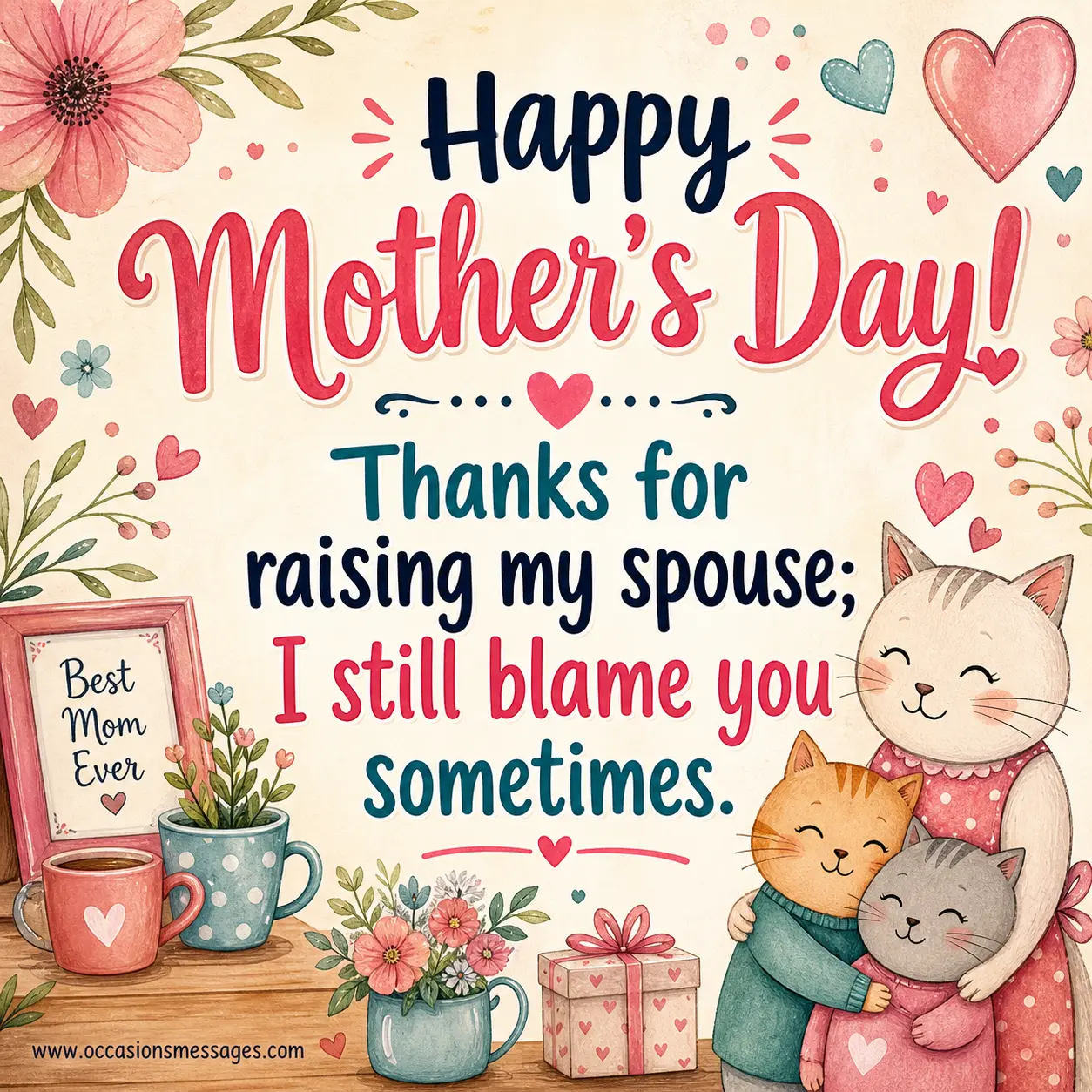 Soft watercolor-style Mother’s Day themed artwork featuring a heartfelt appreciation message for a caring mother, decorated with gentle floral elements and elegant centered typography.