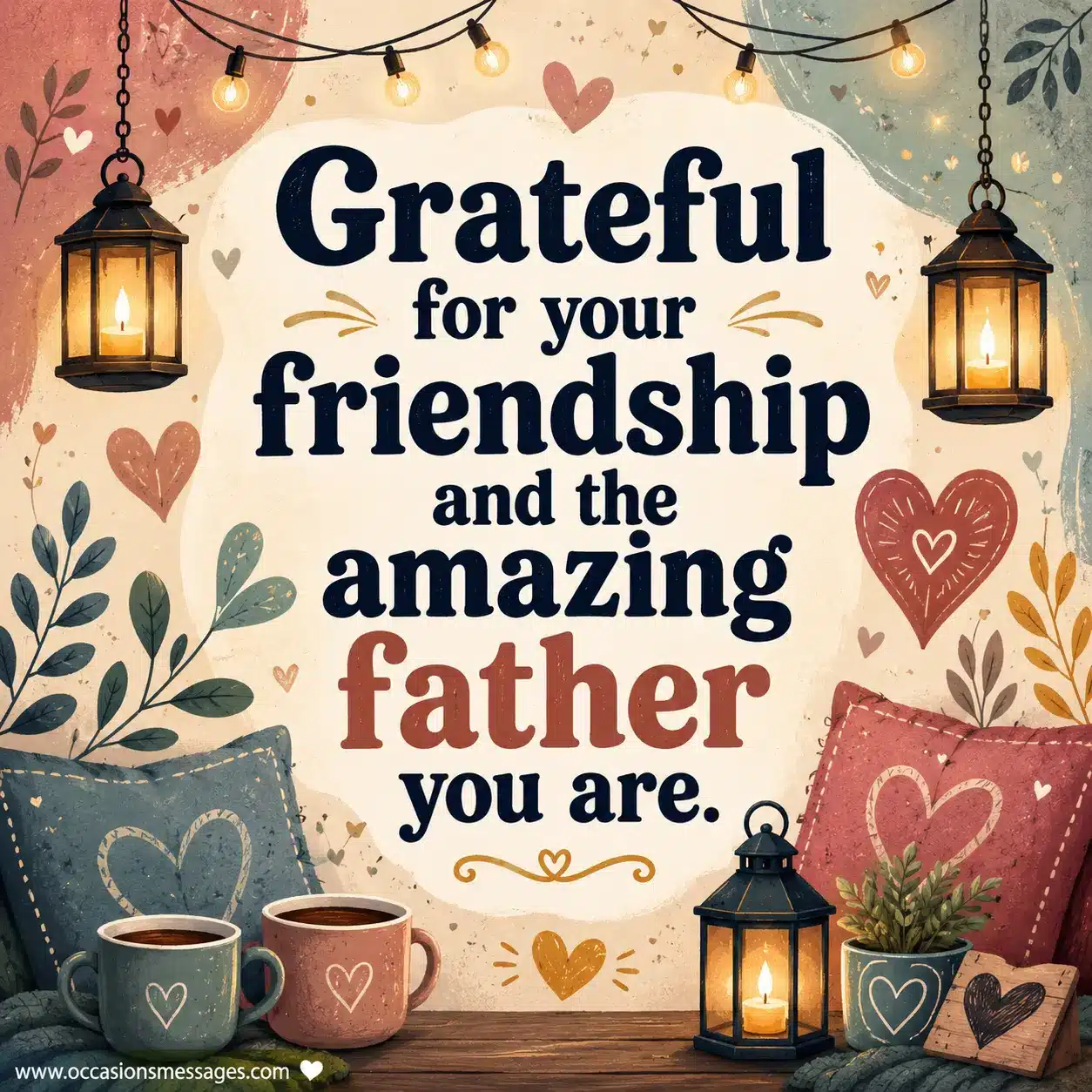 Warm friendship and fatherhood appreciation illustration with glowing lanterns and heart elements celebrating an amazing father and supportive friend.