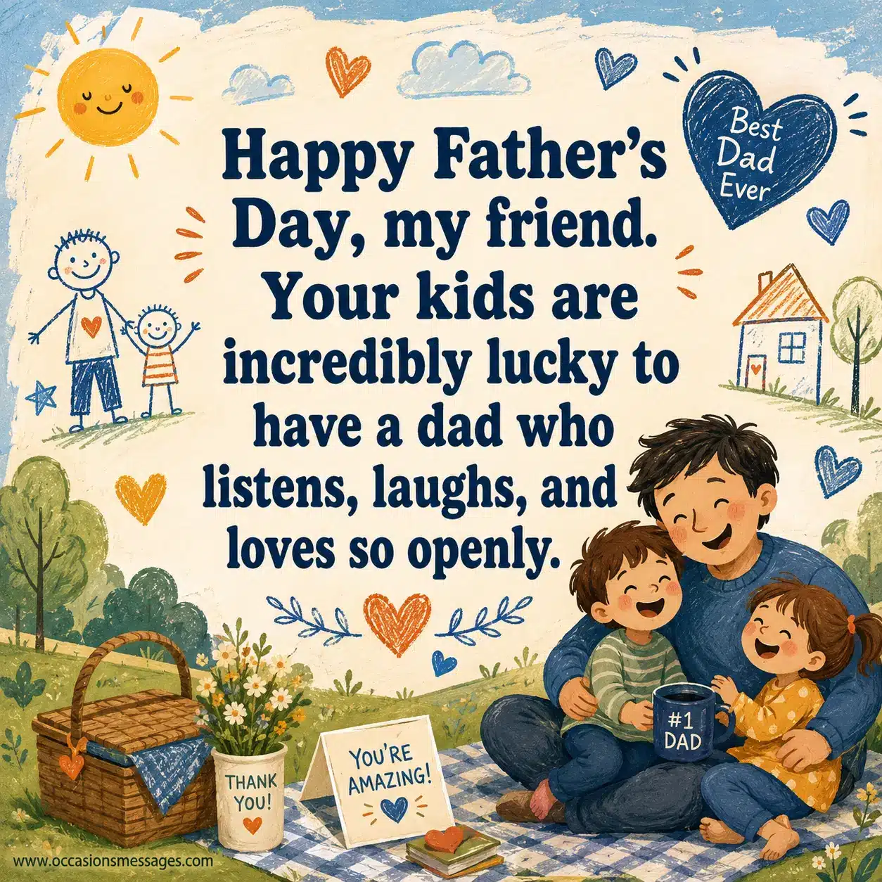 Heartwarming illustrated Father's Day quote card celebrating a caring and loving dad friend with cozy family-themed artwork and cheerful social media design.