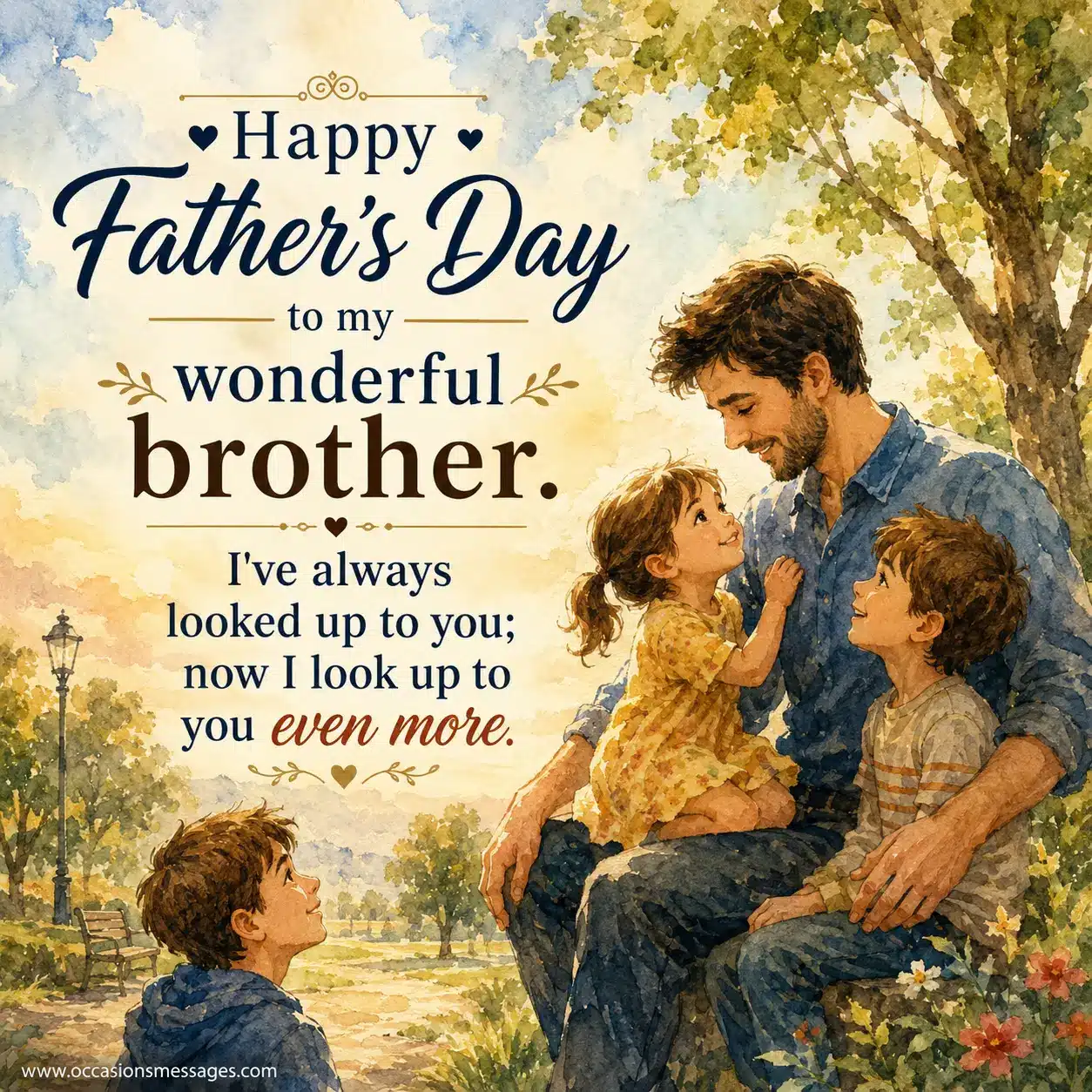 ALT 4: Emotional watercolor-style Father's Day illustration showing admiration between siblings and fatherhood pride with soft skies and touching family bonding moments.