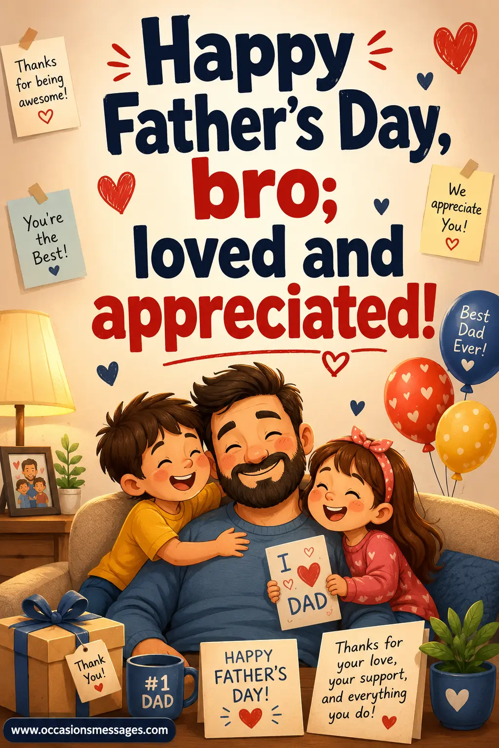 ALT 6: Cozy minimal Father's Day illustration featuring a happy cartoon father celebrating with his children in a warm home atmosphere expressing love and appreciation for a brother.