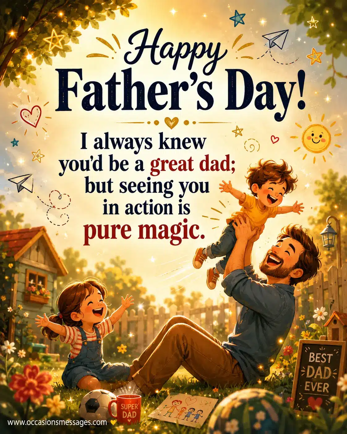ALT 1: Whimsical illustrated Father's Day quote image showing a loving dad playing with his children in a magical backyard scene with warm glowing sunlight and heartfelt typography celebrating a brother's amazing fatherhood.