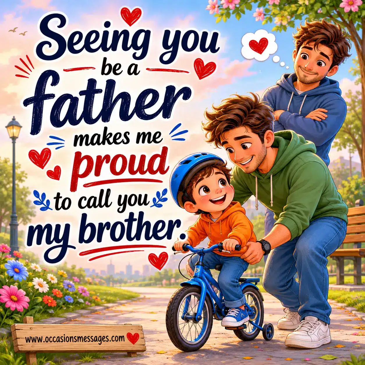 ALT 5: Pastel children's-book-style quote image featuring a proud brother watching a caring father help his child ride a bicycle in a peaceful park setting.