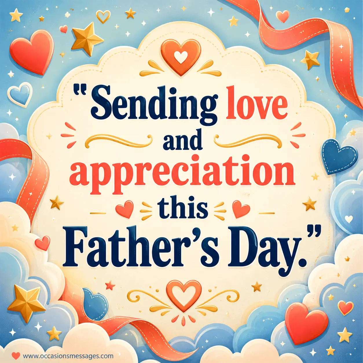 Festive Father's Day quote illustration with floating hearts and celebratory decorations expressing love and appreciation in a cheerful artistic style.