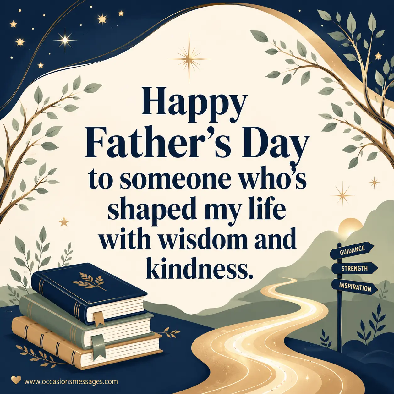 Elegant vector Father's Day appreciation quote card honoring wisdom and kindness with symbolic pathways, books, and uplifting modern design.